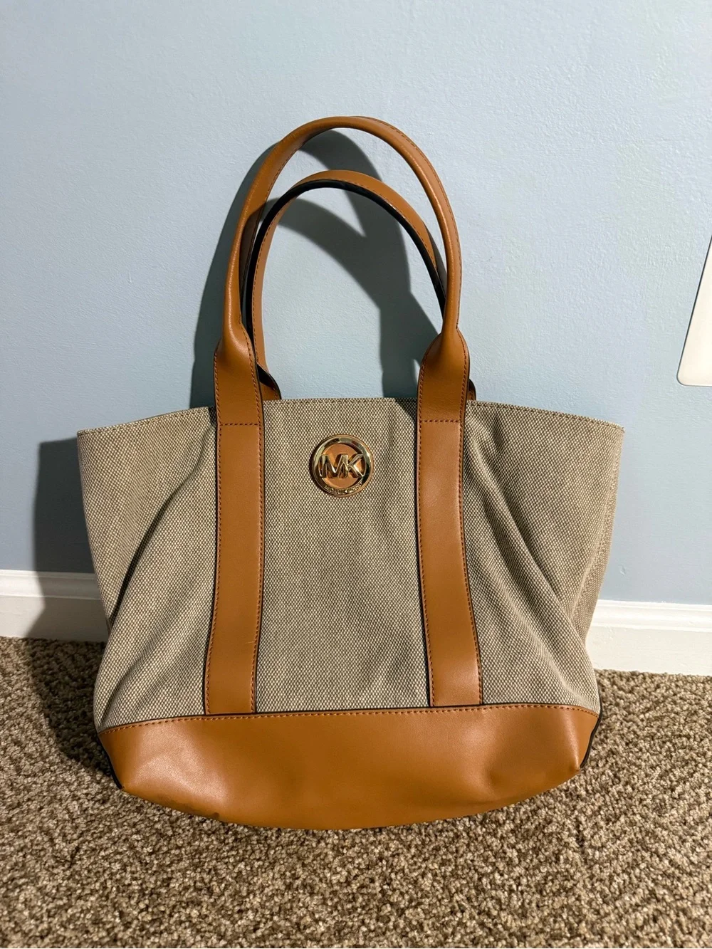 Michael Kors Beige Canvas Tote with Tan Leather Trim